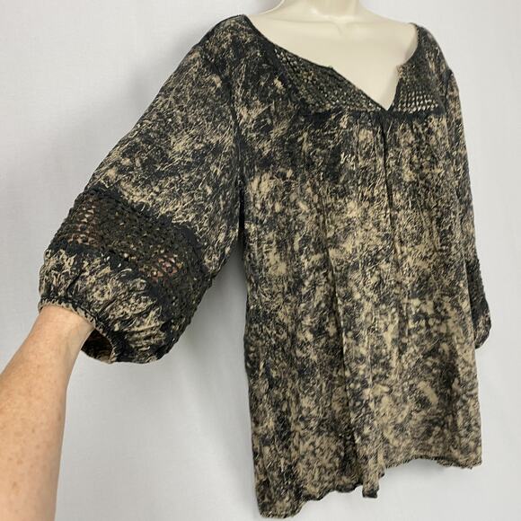 One World Blouse Womens 2X Black Beige Boho Crochet Trim Fairy Grunge Neutral - Picture 5 of 15